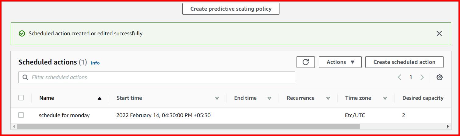 Picture showing a scheduled action created in autoscaling group